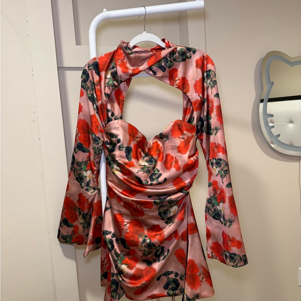 House of CB Pink Satin Floral Mini Dress with Red Poppy Print TOIRA